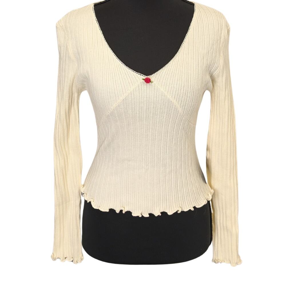 New With Tags Romantic Y2K Ribbed Babydoll Blouse w/ Lettuce Hems | Women's M